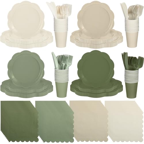 Qinyoung 388 Pcs Sage Green and Beige Plates and Napkins Party Supplies Tableware Include Disposable Scalloped Plate Paper Napkin Cup Plastic Cutlery for Baby Shower Party Wedding Birthday, 48 Sets