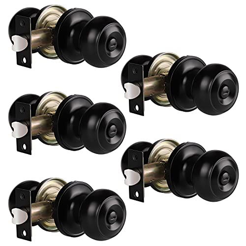Gobrico Flat Ball Door Knobs Locksets for Bed/Bathroom with Thumb-Turn Lock Inside, no Key, Black, 5Pack