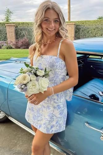 Floral Satin Short Homecoming Dresses for Teens 2025 Spaghetti Straps Mermaid Cocktail Party Gown with Bow2