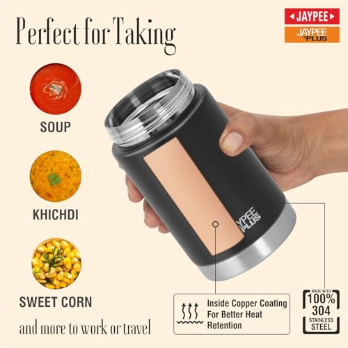 Image of Jaypee Plus Nutri Jar Stainless Steel Vacuum Insulated Food Jar With Bag & Spoon|Hot And Cold Thermal Flask|Double Walled Scratch Resistant Ideal for Office, School, Gym & Travelling | 550 ml, Black