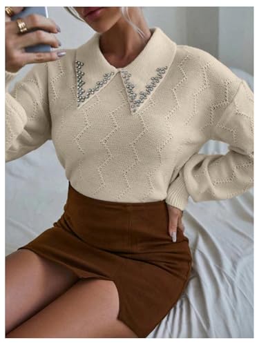 Image of Verdusa Women's Old Money Cable Knit Rhinestone Decor Knit Top Crew Neck Lapel Collar Lantern Sleeve Drop Shoulder Pullover Cropped Sweaters