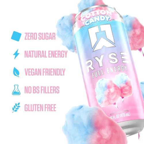 Image of RYSE Fuel Energy Drink - Cotton Candy - Sugar Free, Gluten Free & Vegan - 200mg Natural Caffeine, Taurine & Choline for Focus & Energy - No Artificial Colors - 16 fl oz Cans (12-Pack)
