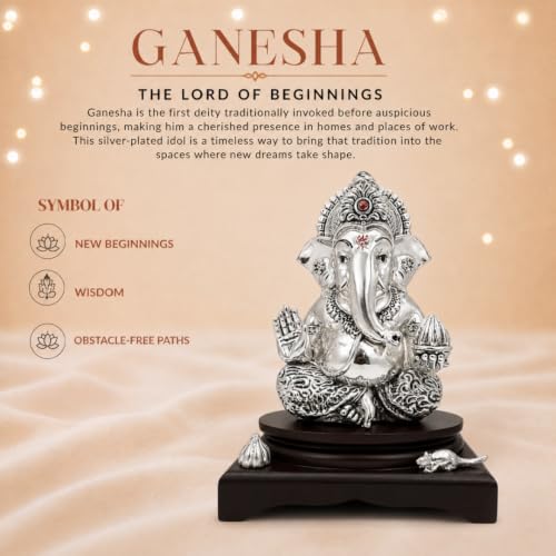 Image of Silver-Plated Lord Ganesha Idol with Modak & Mushak | Ganpati Murti for Home, Pooja Room, Office Desk & Car Dashboard | Home Decor & Diwali Gift - Large