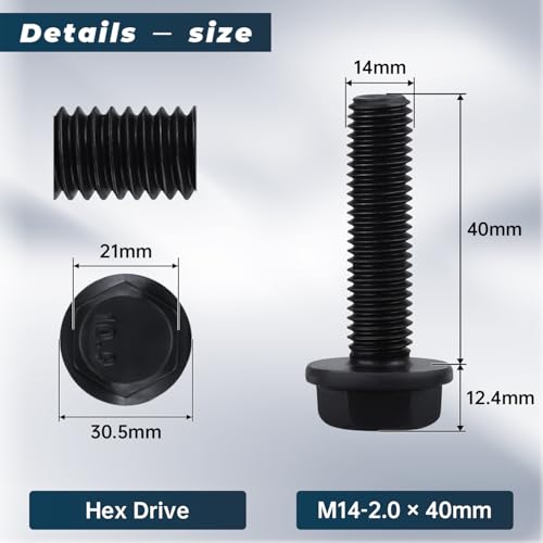Image of M14-2.0 x 40mm Flange Bolt, Hex Head Flanged Bolt 10.9 Grade High Strength- Black Oxide Finish, Full Thread, Metric- Heavy Duty for Automotive, Machinery & Construction (6 Pcs) 6 pcs