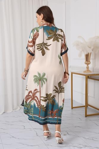 OSTOO Plus Size Women's Floral Print V-Neck Short Sleeve Maxi Dress with Pockets Casual Tropical A-Line Dresses2