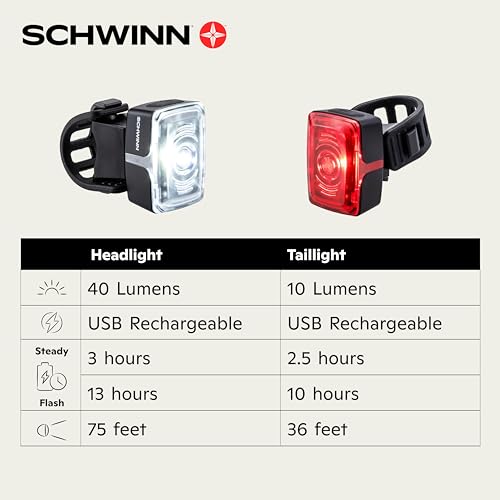 image for Schwinn LED Bike Light Headlight and Taillight Accessory Set, USB Rech