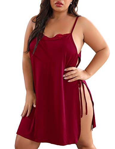 Image of Women Plus Size Lace Babydoll Lingerie Side Slit Strappy Chemise Sleepwear