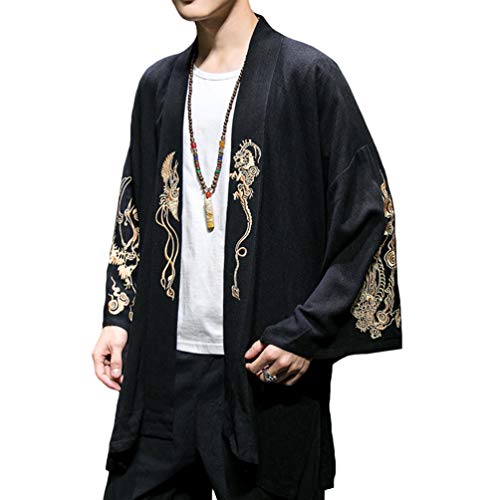 HAORUN Embroidery Dragon Men Japanese Coat Kimono Top Outwear Cotton Retro Loose Casual