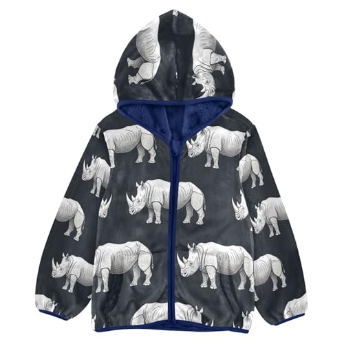 Rhino Pattern Print Design Toddler Fleece Jacket Girl Boys Hooded Fleece Jacket Coat Warm Outwear Zip-up 3-10T