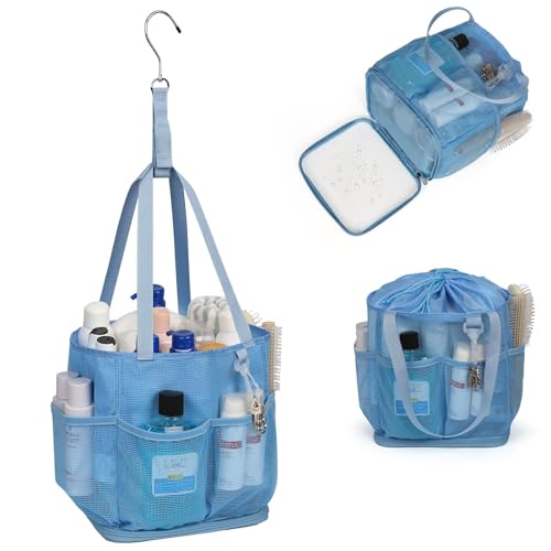 Mesh Shower Caddy Portable for College Dorm Room Essentials, Shower Tote Bag with Hanging Hook and Drawstring, Quick Dry Toiletry Bag with 6 Pockets for Bathroom, Swimming, Gym, Camping, Beach, Travel