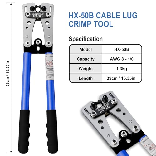 Sanuke Battery Cable Lug Crimping Tool for AWG10-1/0, Wire Crimper with 78pcs Copper Lug Ring Terminal Connectors, 110pcs Heat Shrink Tubing, Electrical Wire Crimping Tool Set