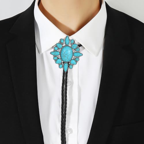 Image of AZORA Western Cowboy Bolo Tie Men Leather Necktie Leather Cord Turquoise Stone Bolo Ties for Men Women