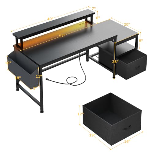 Image of EnHomee 56.5 inch Office Desk with Drawers & Printer Space for Home Work,Black | Computer Desk with 3 AC Outlets& 2 USB Ports,40 inch*7 inch Long Monitor Stand,Side Pockets with Storage Space,Home Office,Bedroom