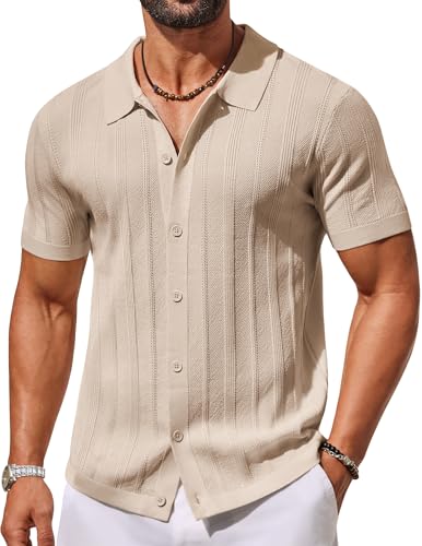 COOFANDY Mens Knit Polo Short Sleeve Button Down Shirts Casual Vacation Summer Beach Shirts Cream