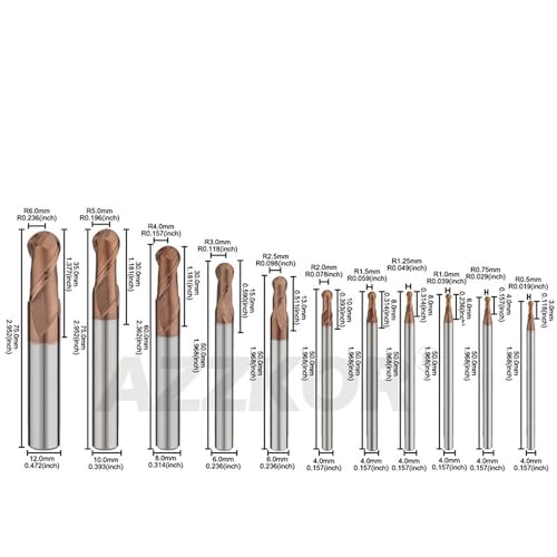 Image of Carbide Ball Nose EndMill HRC55 Double Edge 2 Flute TiAlN Coating Tungsten Steel Milling Cutter for Metal Steel HRC55 R0.5-R6.0 Series 11pcs Set