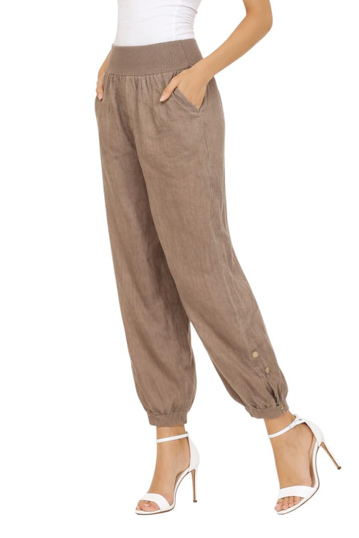 Mississhop Pantalon de loisirs décontracté pour femme en toile 100 % lin avec boutons uni - Marron - W40