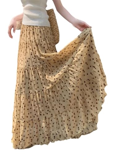 Women Polka Dot Pleated Skirts Elastic High Waist Loose A-Line Long Skirt Beach Vacation Casual Skirt2