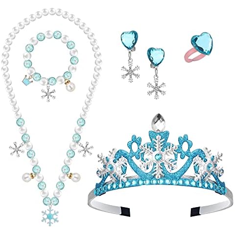 HIFOT ELSA Kinder Schmuckset Prinzessin Krone, Schneeflocke Armband Halskette Ohrringe Ring Geschenk für Mädchen, ELSA Kostüm Zubehör für Halloween, Geburtstag, Karneval, Geschenk, Partyzubehör Cover