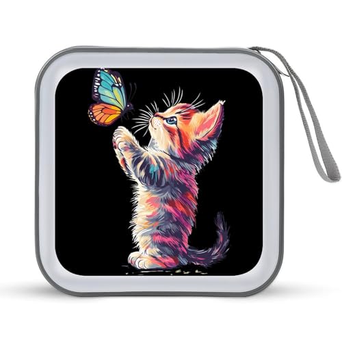 Cute Cat Playing Butterflies CD Case Plastic DVD Case Holder Wallet Disc Storage Organizer for Car Travel