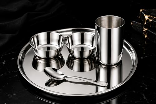 Image of Stainless Steel Dinner Set for 1 Person | 5 Piece Thali Set with Plate, Bowls, Glass & Spoon | Mirror Finish Serving Dinnerware Combo for Home & Restaurant