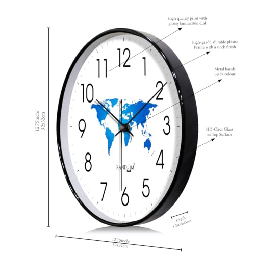 Image of RANDOM Black Plastic World Map Print Sweep Silent Round Battery Operated Analog Wall Clock for Home Office, Living Room, 32 cm