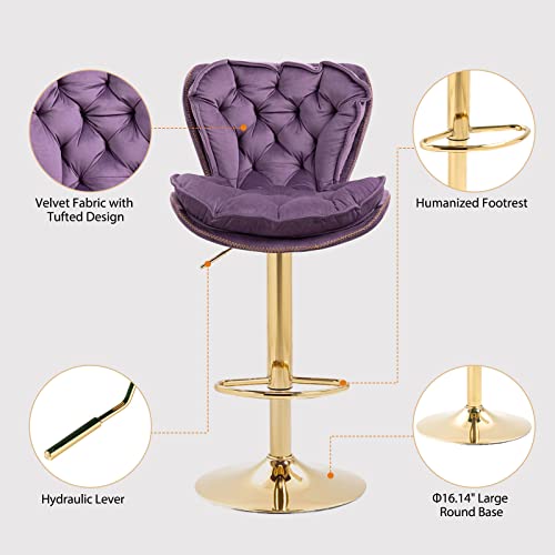 Kivenjaja Velvet Tufted Bar Stools Set Of 2, Modern Height Adjustable Swivel Barstools Counter Chairs With Back & Gold Metal Base For Pub, Kitchen, Cafe (Purple) #TOP3