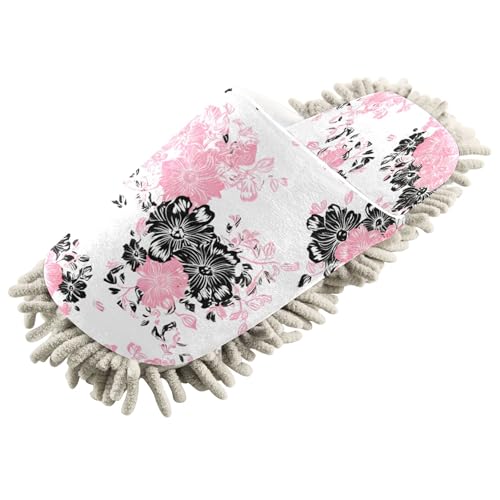 Kigai Pink Black Flowers Mop Slippers for Floor Cleaning, Slippers for Women Men, Microfiber Floor Cleaning, L