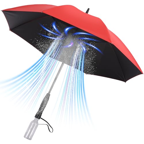 Oviora Rechargeable Umbrella with Fan 3-in-1 Handheld Cooling System Build in Mist Spray UV Protection Full-Body Coverage for Beach Golf Festivals and Outdoor Activities White (Red)