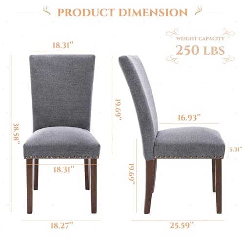 Image of Parsons Dining Chairs Set of 4, Upholstered Nailhead Dining Room Kitchen Side Chair with Thick Cushions and Wood Legs, Dark Grey