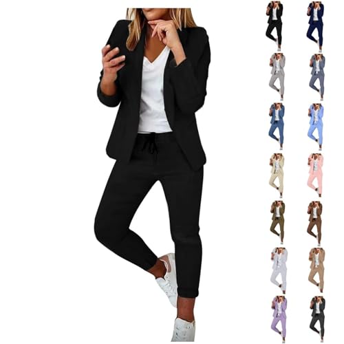 Conjunto de fato casual e de negócios para mulher blazer de trabalho - casaco de escritório e calças lápis - fato de vestir, Preto, M