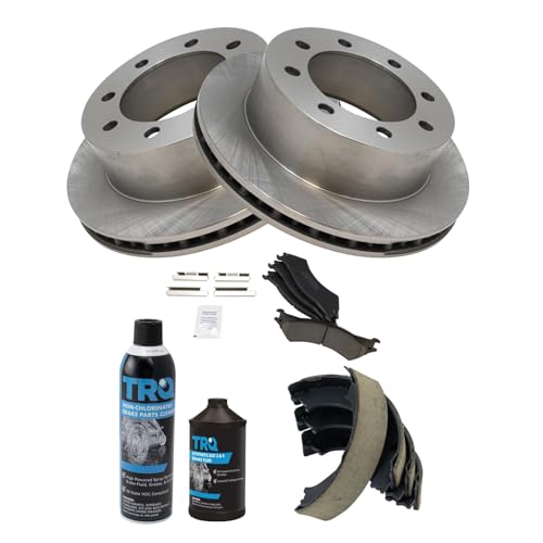Image of TRQ Rear Brake Pad & Rotor Kit, with Chemical Kit Parking Brake Shoe Set Ceramic Compatible with 2003-2004 Ford E-250 1999-2002 E-250 Econoline