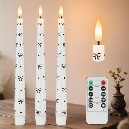 Image of Flameless Taper Candles with Remote, Black Bow and Dot Flameless Candles | Flickering LED Candlesticks with Remote and Timer, Warm 3D Wick Light, Home Table Mantel Party Festival Decor 9.6 Inches