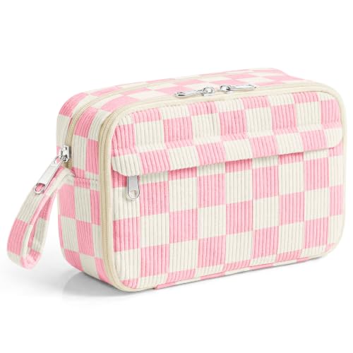 Image of WOBAGMEN Cute Pencil Case,Large Corduroy Zippered Pencil Case Pouch, aesthetic Pencil Bag with Compartments(Pink Gingham)