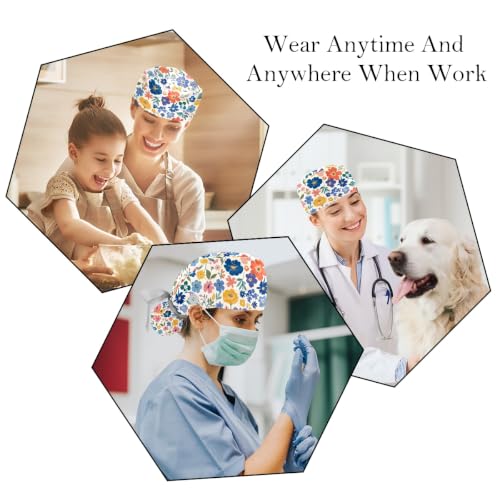 Image of 2 PCS Bouffant Cap with Button Ponytail Pouch Working Cap Sweatband Adjustable Surgical Cap Black and White Cow