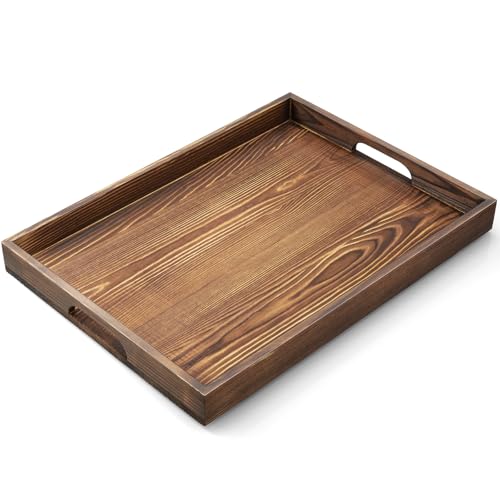 17 Inch Burnt Wood Serving Tray with Handles, Large Wooden Tray for Ottoman, Breakfast in Bed, Coffee Table, Dinner, Rectangular Tray for Living Room Bedroom Entryway and Kitchen