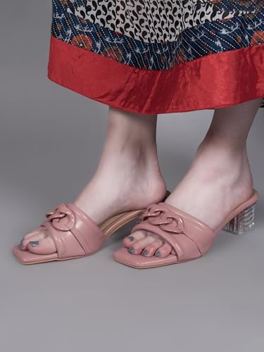 Image of Women's Slip On-On Heeled Sandals with Transparent Block Heels & Decorative Chain Strap Signora103| Fashionable Summer Slides Trendy Chain Strap Signora103