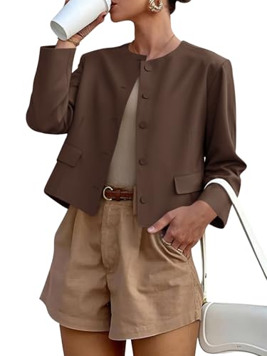 Cicy Bell Womens Balloon Long Sleeve Blazer Cropped Collarless Button Down Suit Jackets Business Casual Fall Outerwear