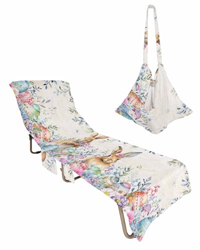 Easter Beach Lounge Chair Towel Cover, Soft Chaise Lounge Towel with Side Pockets Patio Pool Chairs Cover for Beach/Pool Sunbathing 29x85 Farmhouse Bunny Spring Eucalyptus Leaves Floral Eggs
