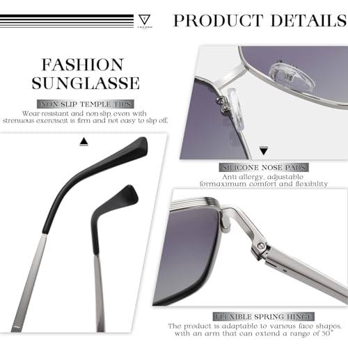 Image of SIPLION Foxdon Polarized Sunglasses Mens - Fashion Square Metal Frame Eyewear Premium Driving Sun glasses JS8552 Silver Grey