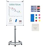 MAKELLO Flipchart 70x100cm Mobiles Whiteboard auf Rollen, Magnetisch Trocken Abwischbar, Höhenverstellbar, Rundfuß, Flip Chart Board für Büro