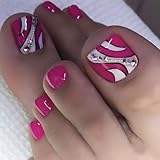 MMNHJHUT 24Pcs Summer Press on Toenails Rose Red Fake Toe Nails with Rhinestones Designs Full Cover Glossy Stick on Toenails Reusable Acrylic Toenails for Women Girls Spring Summer Nail Art