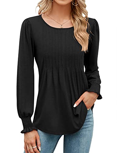 Lomon Long Sleeve Tunics For Women Fall Scoop Neck Shirts Casual Puff Sleeve Tops Blouse With Smocked Cuffs(Black,Xl) #TOP12