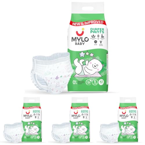 Image of Mylo Baby Diaper Pants Small (S) Size 4-8 kgs (42 count) Leak Proof | Lightweight | Rash Free | Upto12 Hours Protection | ADL Technology | with Aloe Vera Lotion (Pack of 4)