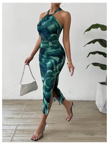 Image of GORGLITTER Women's Floral Print Halter Midi Dress Summer Mesh Sleeveless Going Out Birthday Vacation Beach Sundresses