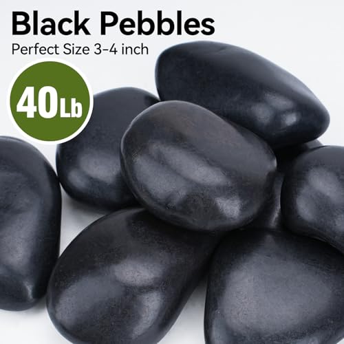 Image of Pulovin 40 lbs Black Stones for Plants Indoor, 3-4 Inch Decorative River Rocks for Plants, Flower Pots, Vase, Polished Garden Stones for Outdoor Landscaping, Walkways, Yard