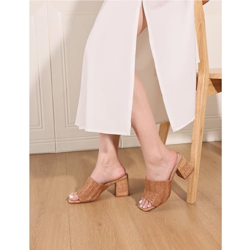 Ancomafio Women's Heeled Sandals Cork Sandals Raffia Heels Square Open Toe Heeled Mules Block Heels Summer Vacation Shoes Brown Size 9.5 — view 4