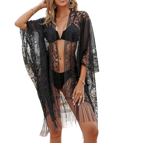 Wisebom Vestido Playero de Encaje Mujer, Cárdigan Playero Kimono con Borlas, Bikini Cover Up Vestido de Playa Translúcido para Vacaciones Fiestas (FR/ES, Letras, Talla única, Regular, Regular, Negro)