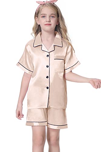 Image of Umeyda Women & Girls Pajamas Set, 2 Piece PJS Satin Silk Sleepwear Button-Down Top with Shorts for Mom Kids Gifts