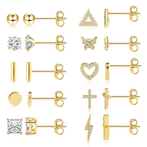 BOUTIQUELOVIN 14K Gold Stud Earrings Set for Women, for Multiple Piercing 925 Silver Plated Studs Earrings and Zirconia Earring Set Small Huggie Hoop Chain Earing