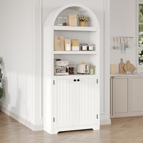 GAOMON 72'' Tall Arched Cabinet, 5 Tier Arched Bookshelf with Double Doors & Adjustable Shelf, Wooden Bookcase with Storage for Living Room, Bedroom, Study, Kitchen, Home Office, White